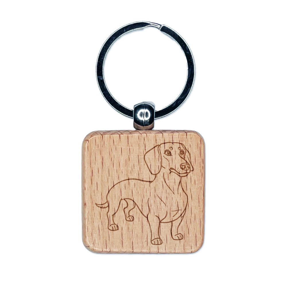 Devoted Dachshund Wiener Pet Dog Engraved Wood Square Keychain Tag Charm
