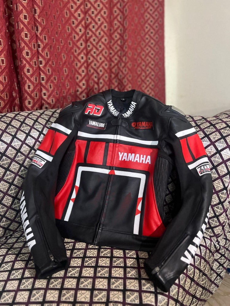 Yamaha Motorcycle Black Red Cowhide Leather Racing Jacket