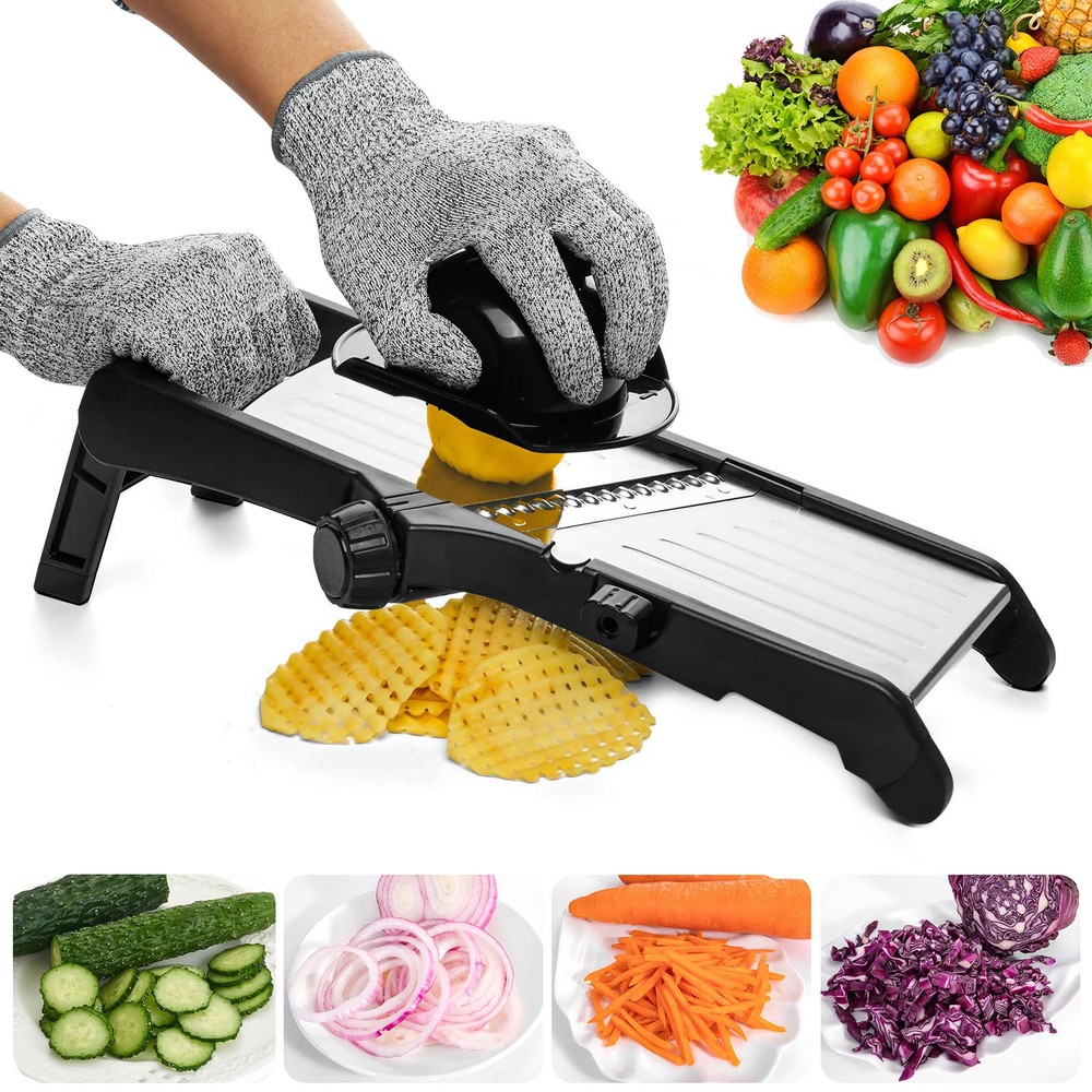 Adjustable Mandoline Slicer for Kitchen with Cut Resistant Gloves and Safety Handle  