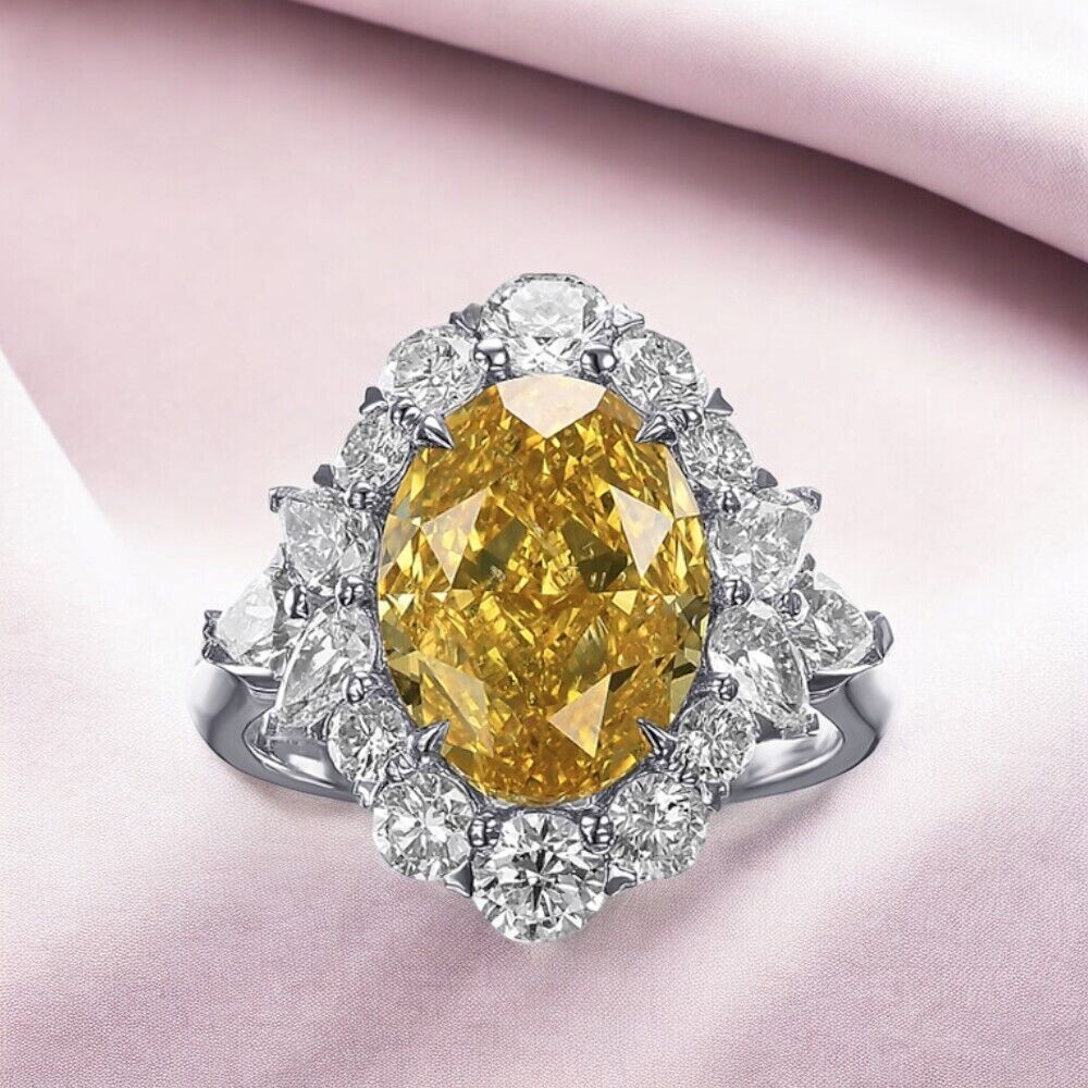 Wedding Ring Solid 18k White Gold IGI Lab Grown Diamond Fancy Vivid Oval 2.61 Ct