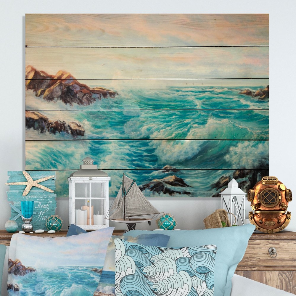 Designart 'Wild Blue Ocean Waves V' Nautical & Coastal Wood Wall Art - Natural