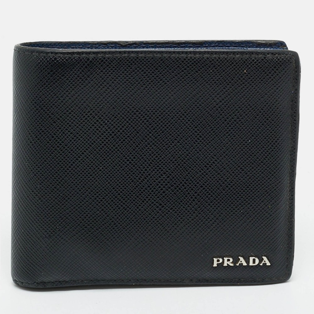 Prada Black Saffiano Metal Leather Logo Bifold Wallet