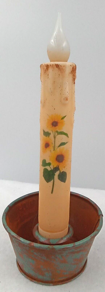 Sunflower Rustic Metal LED Taper Candle Holder Battery Operated 7 Inch Green