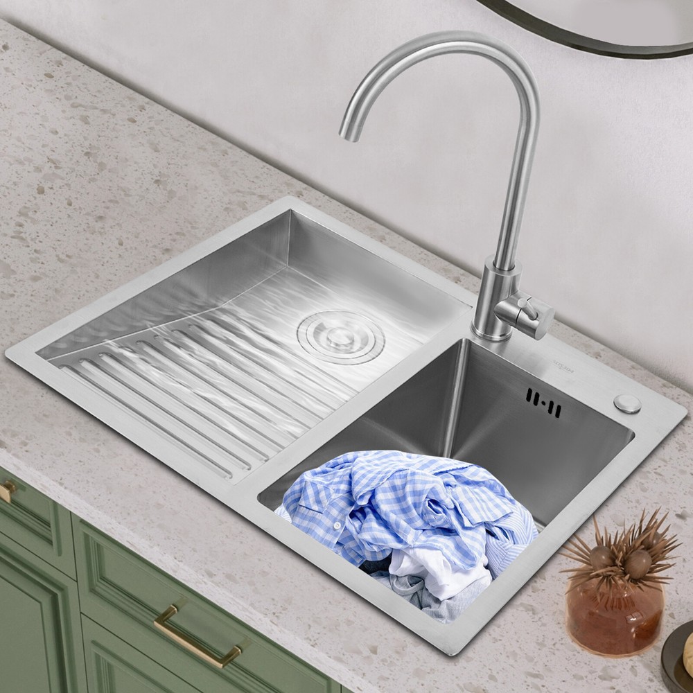 Stainless Steel Laundry Sink with Faucet Washboard Dual Basin Welding Utility Sink