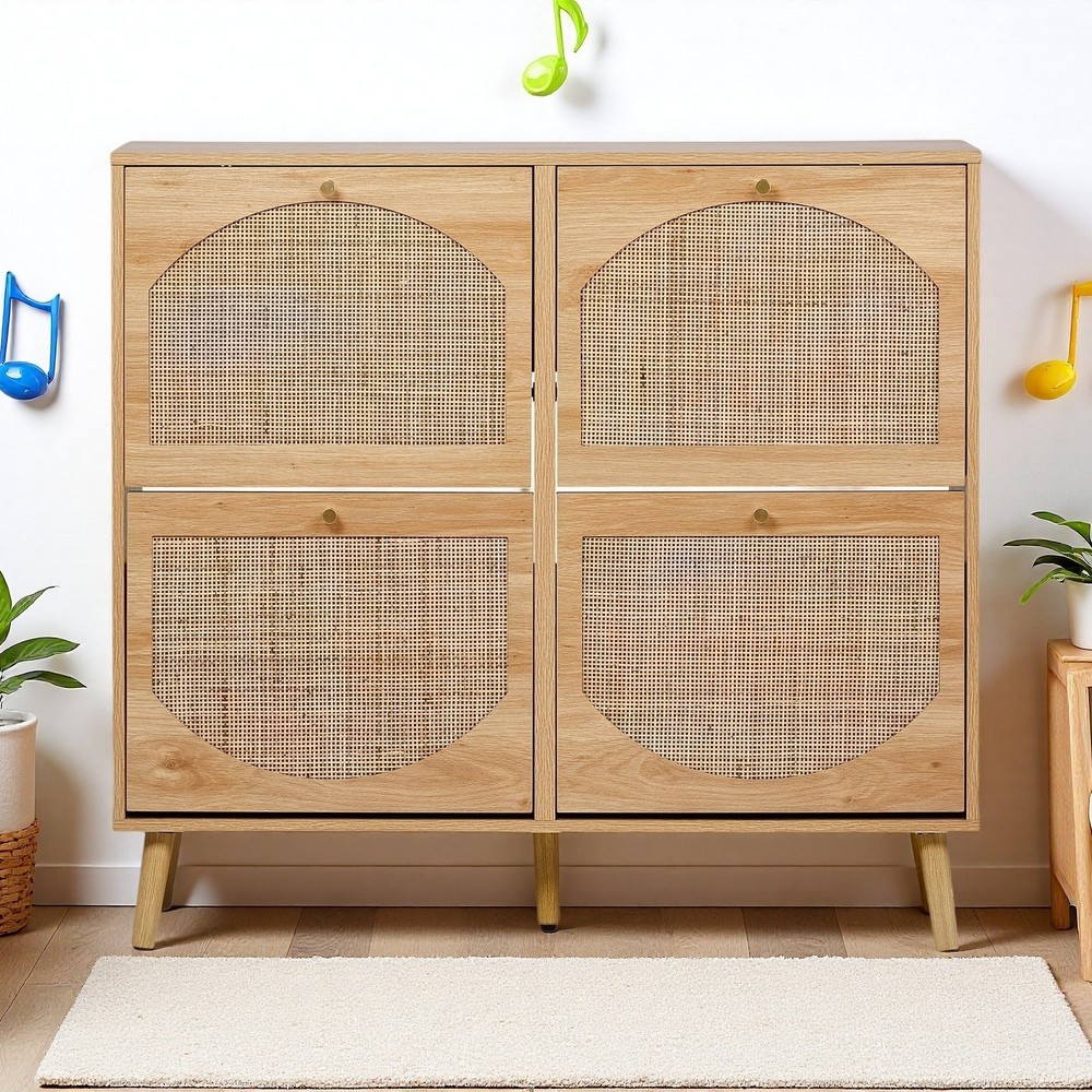 Rattan Shoe Cabinet - 4 Flip-Down Bins, Tapered Legs & Natural Organizer