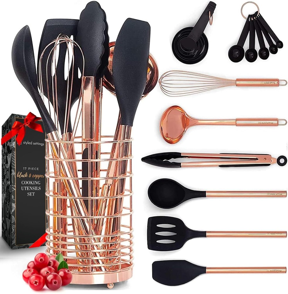 Kitchen Utensils with Copper Utensil Holder- 17PC Set:  Rose Gold Kitchen