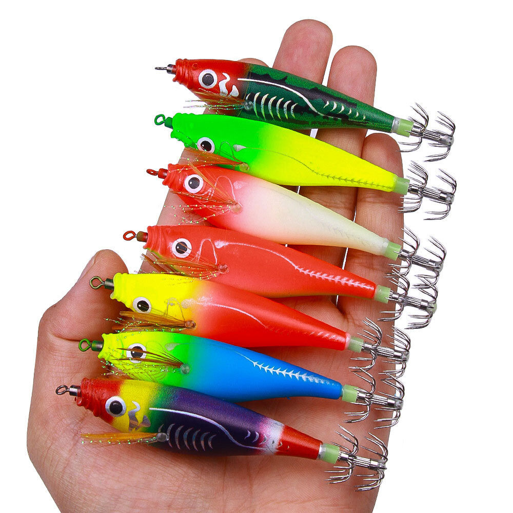 7PCS Glow Squid Jig Lures 9.5cm 10g Saltwater Fishing Bait Octopus Shrimp Hook