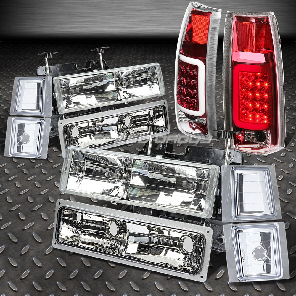 CHROME 8PC HEADLIGHT+BUMPER+CORNER+RED 3D LED TAIL LIGHT FOR 94-02 CHEVY C10 C/K