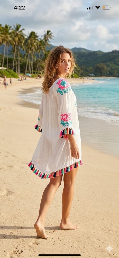 New Women's White Beach cover up One Size Embroidered Tassels Resort Colorful