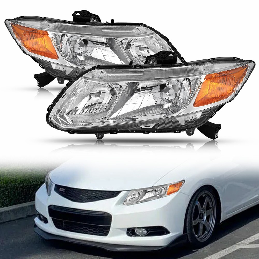 For 2012-2015 Honda Civic Chrome Housing Headlights Headlamp Assembly Left+Right