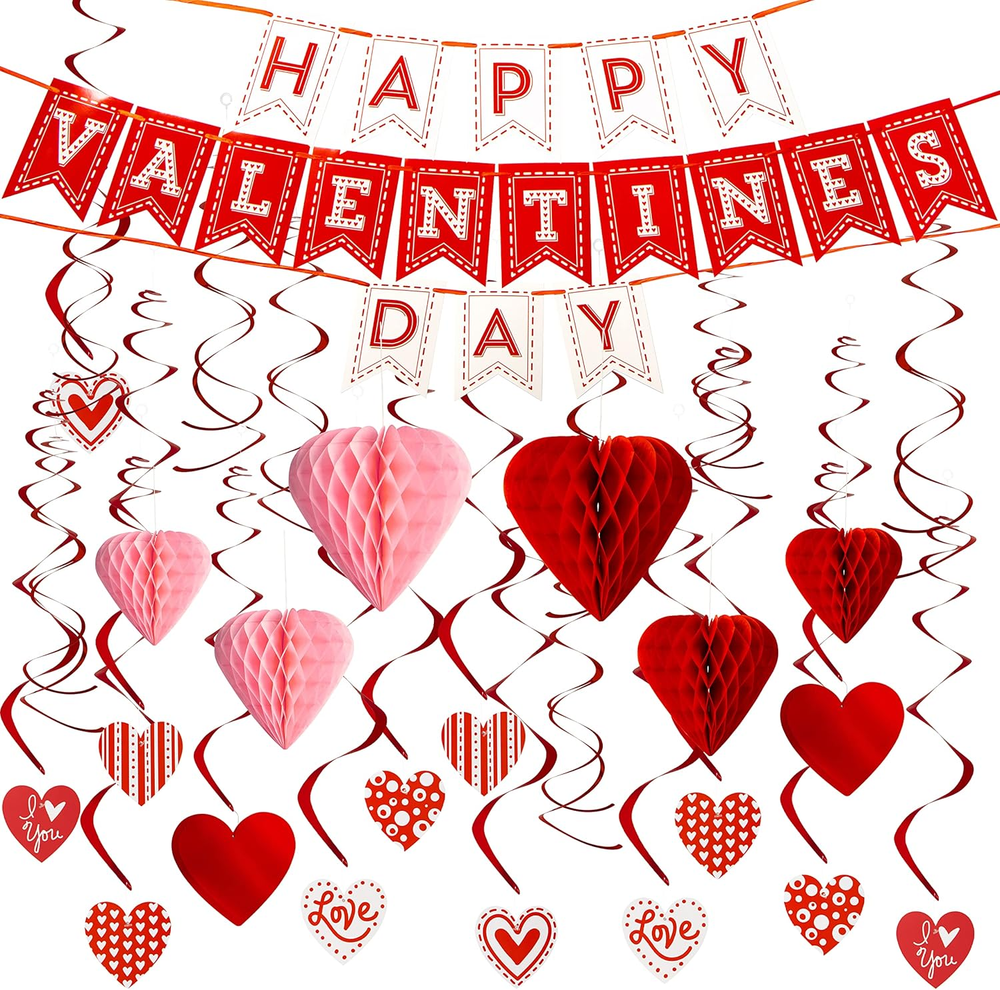 Valentine's Day Decoration Kit - 31 Pieces with Banners, Swirls, and Honeycombs