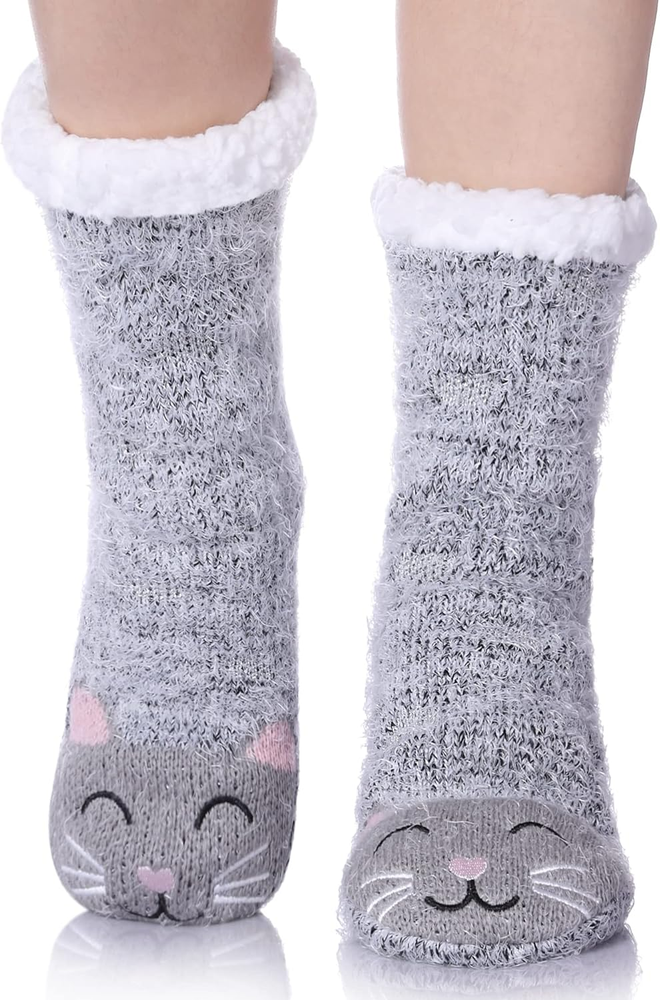 Womens Super Soft Cute Cartoon Animal Fuzzy Cozy Non-Slip Winter Slipper Socks