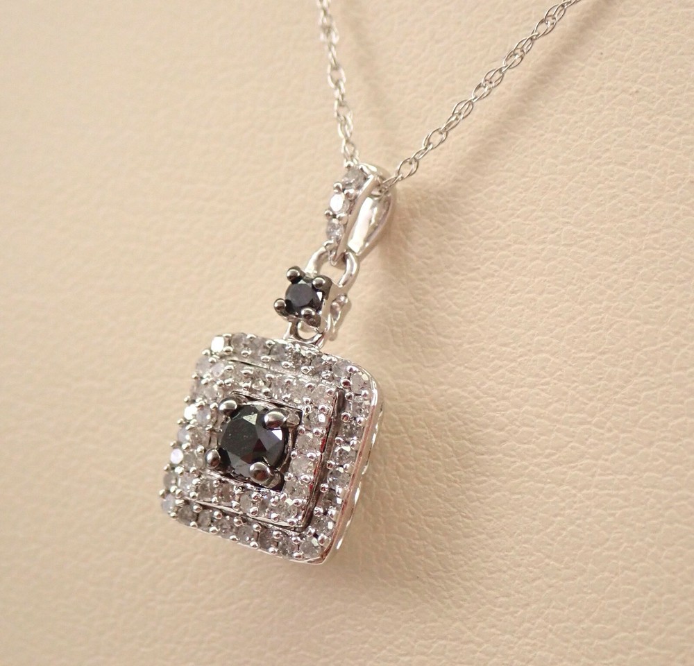 Black Diamond Halo Pendant Choker Necklace 18 Inch White Gold Chain