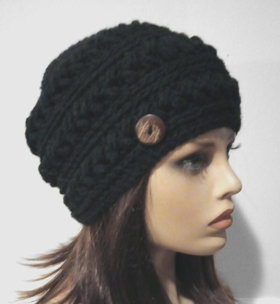crochet handmade womans button hat beanie black puffs USA made