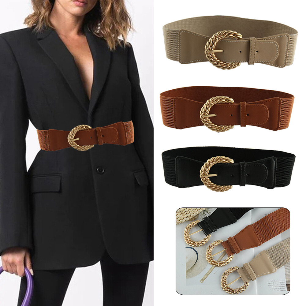Women’s Wide Elastic Faux Leather Belt with Alloy Buckle for Waist or Dress Accessory