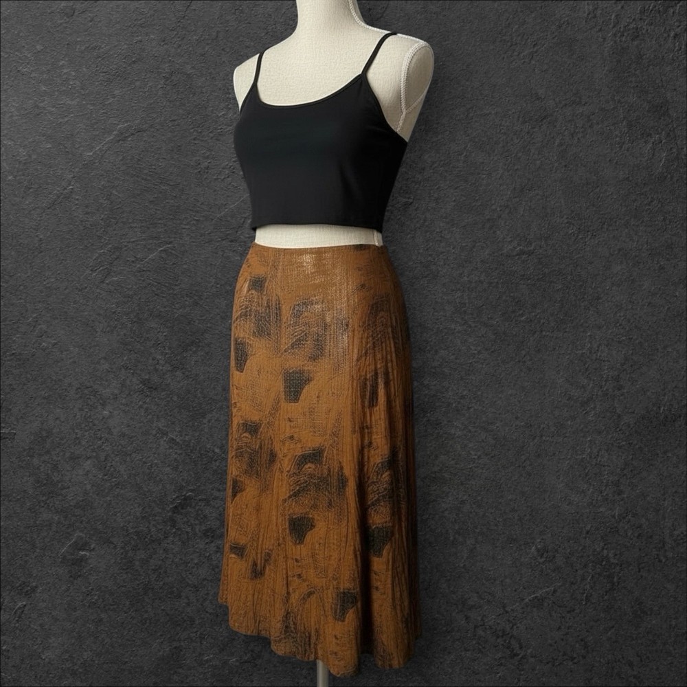 Vintage Y2K Alberto Makali Metallic Bronze Abstract Midi Skirt Size 8 USA Made