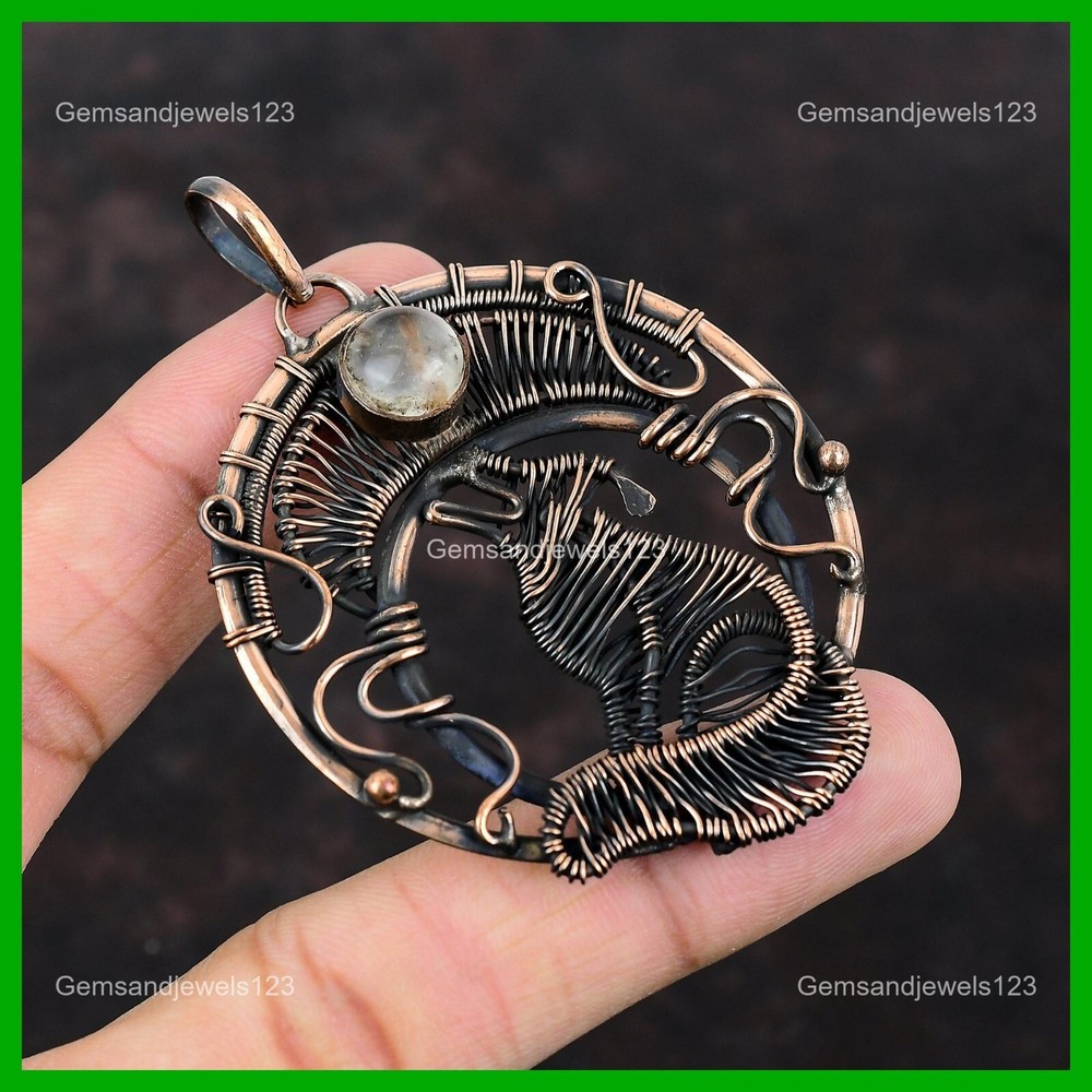 Mother's Day Copper Gold Rutile Gemstone Wire-Wrapped Dog Pendant Necklace-image