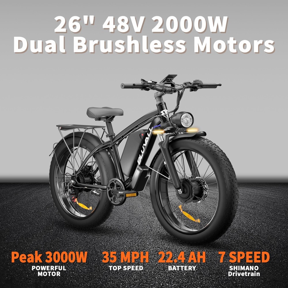 2000W Dual Motor Fat Tire Ebike 26in 48V 22.4AH 37MPH 60-Mile Range