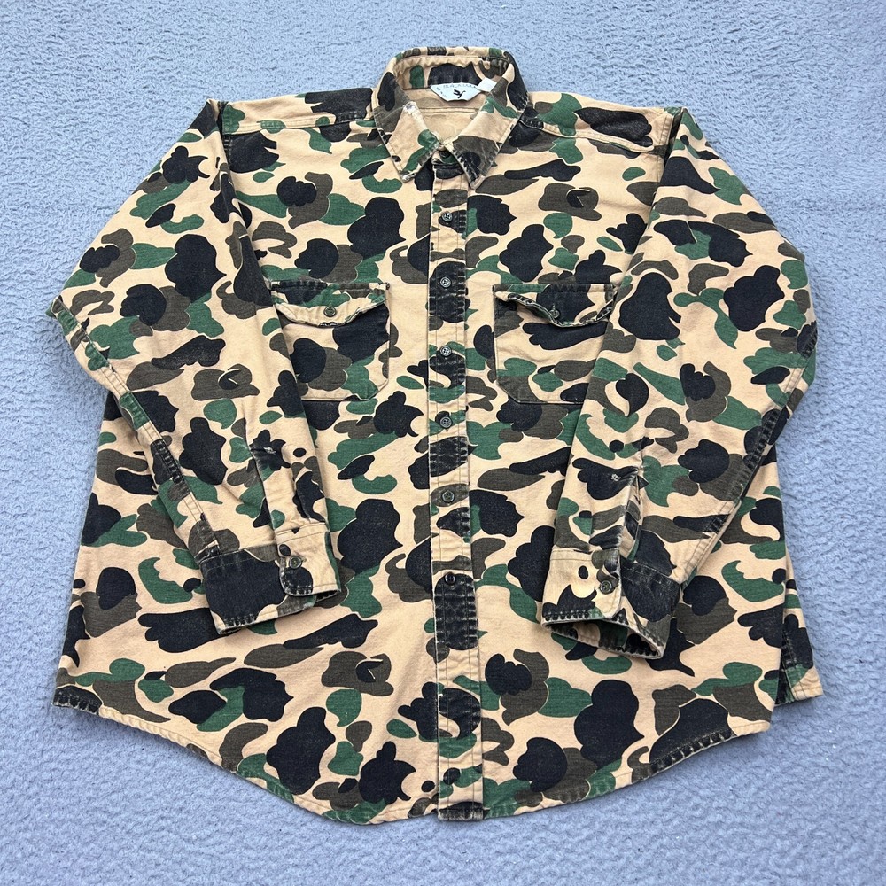 Black Duck Shirt XL Frog Skin Cotton Chamois Heavy Camo Long Sleeve Button USA