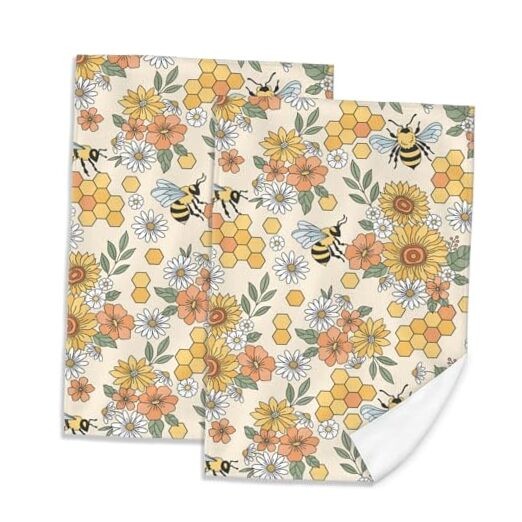 2 Soft Absorbent Retro 60s 70s Hippie Flower Bee Hand Towels