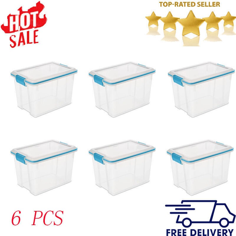 20 Qt Plastic Storage Box Stackable Gasket Containers Clear Home Office Set of 6