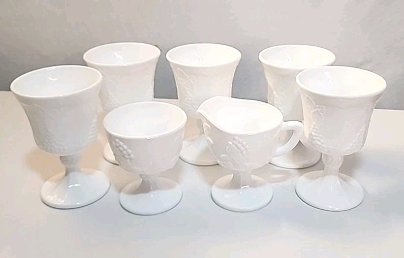 VTG Indiana Colony Harvest Milk Glass Goblet Set with Grape Leaf Design