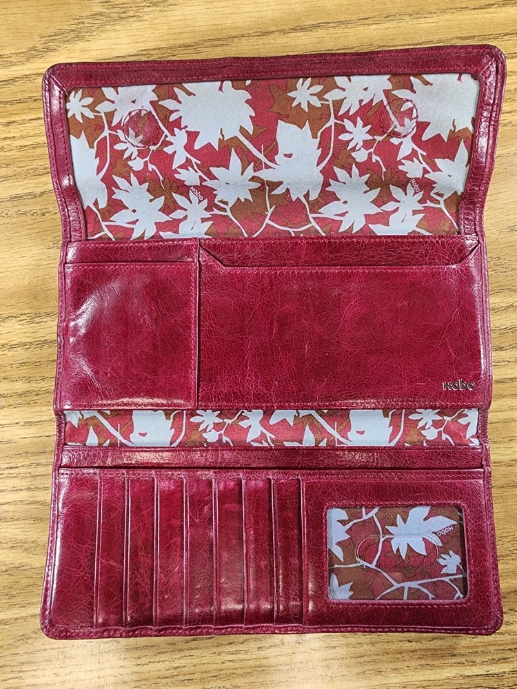 HOBO International Burgundy Leather Trifold Wallet Clutch R/W Fabric Interior