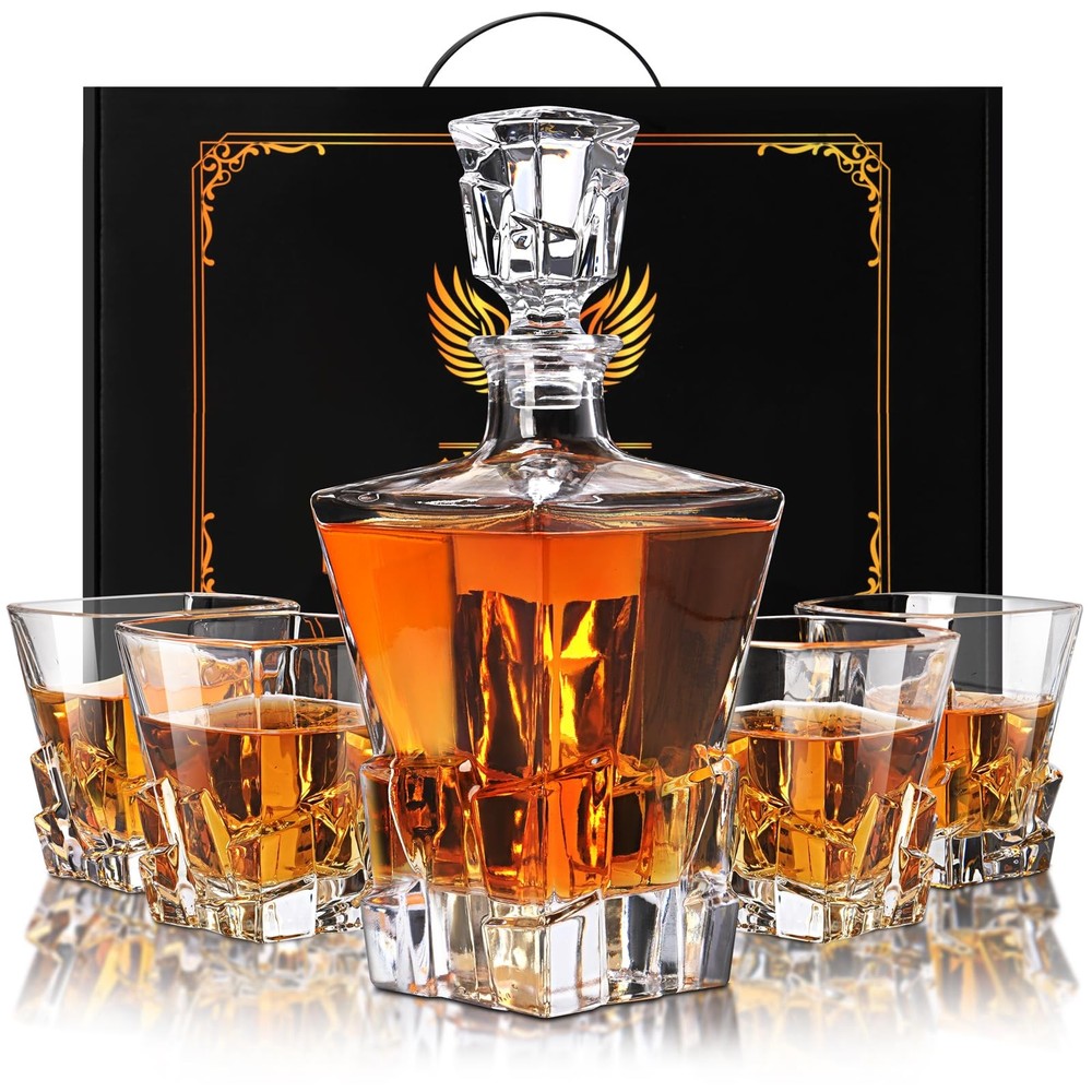 Whiskey Decanter Set with 4 Glasses - Elegant Crystal Barware Gift for Men