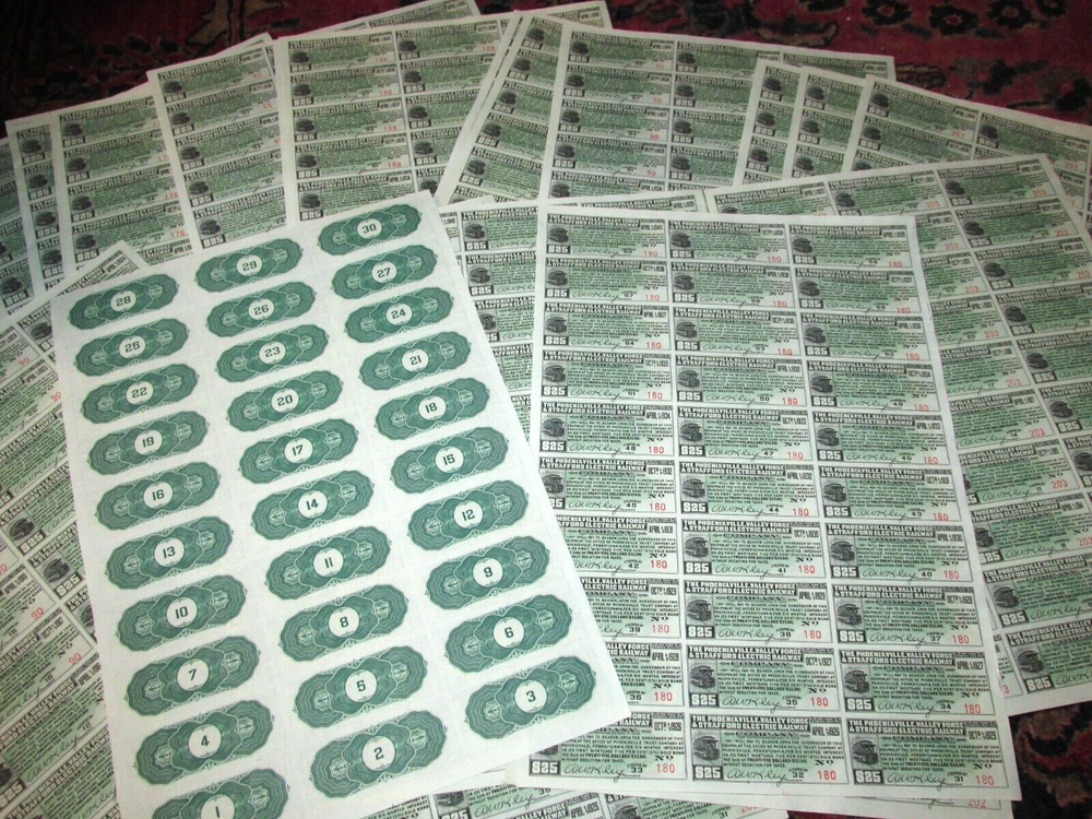 Phoenixville Valley Forge Strafford Electric Railway Stock Coupon Sheet 5 Lot-image