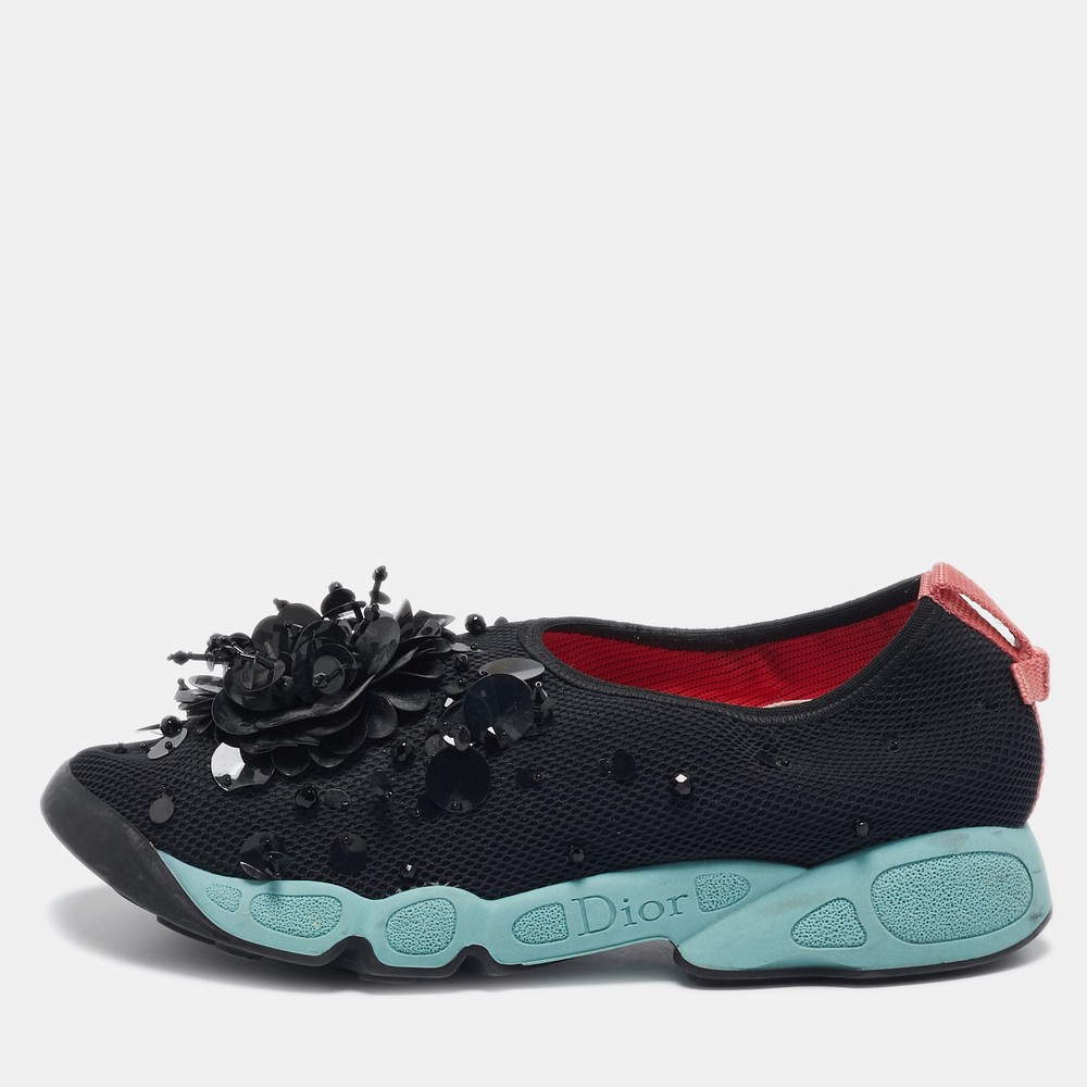 Dior Black Mesh Floral Embellished Slip-On Sneakers Size 38.5