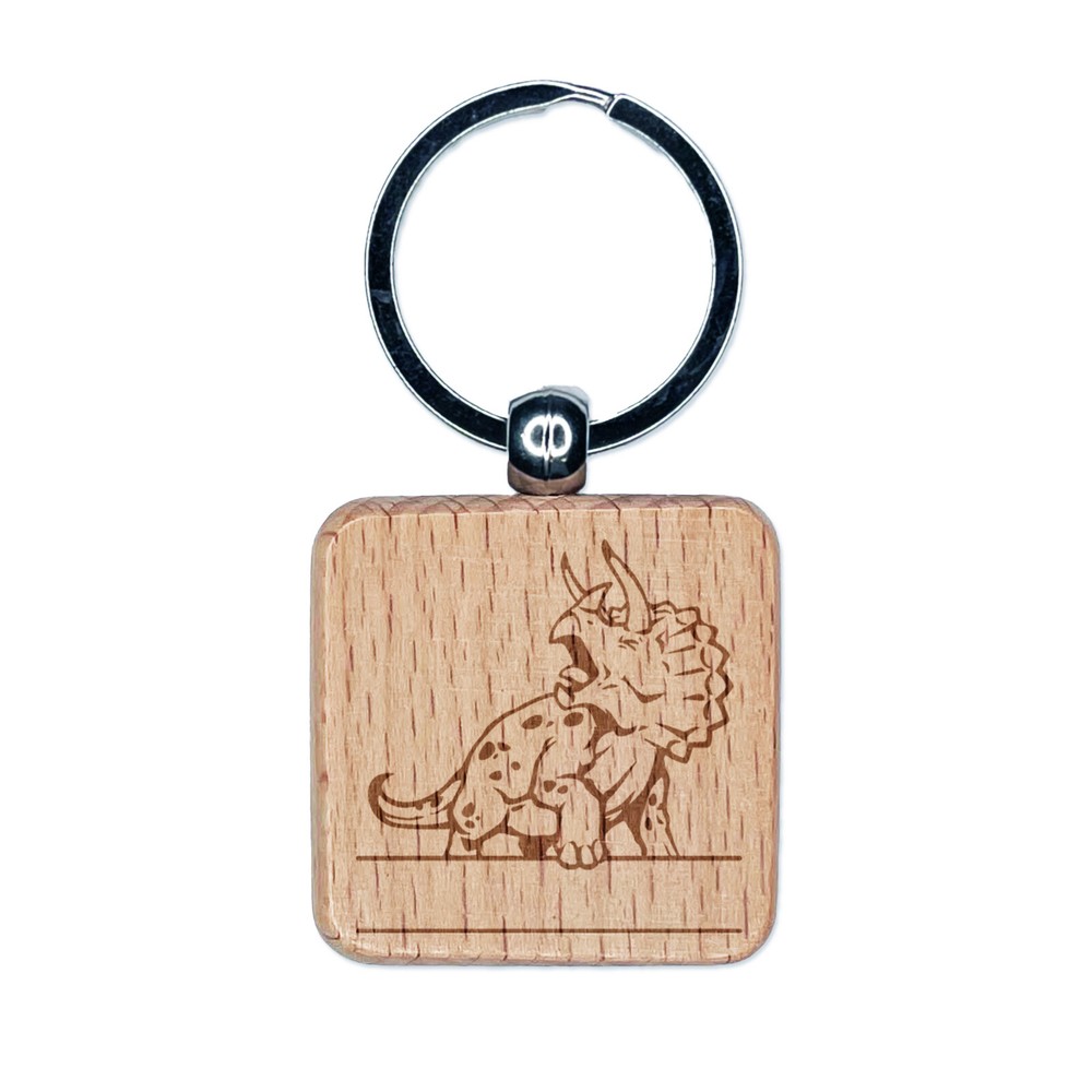 Triceratops Dinosaur Split Monogram Name Engraved Wood Square Keychain Tag Charm