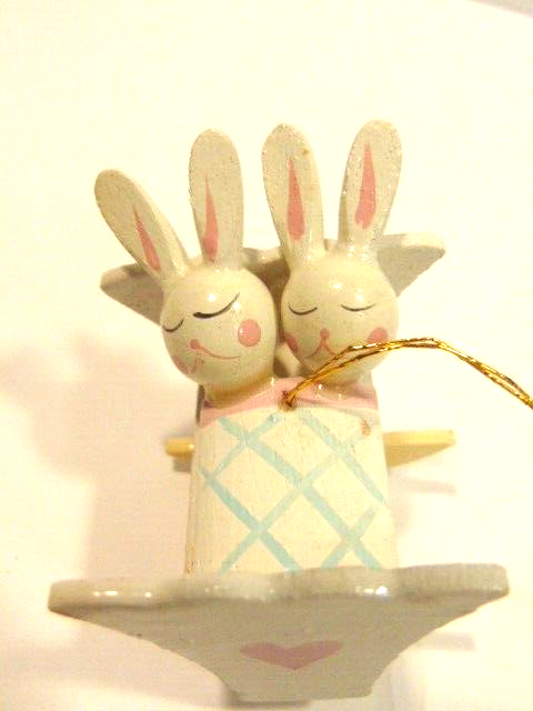 Wooden Easter Ornament Featuring 2 Sleeping Baby Bunnies in Cradle