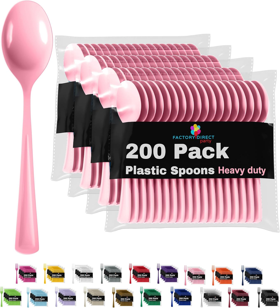 Disposable Pink Plastic Spoons 200 Pcs - Heavy Duty Pink Plastic Disposable Cutl