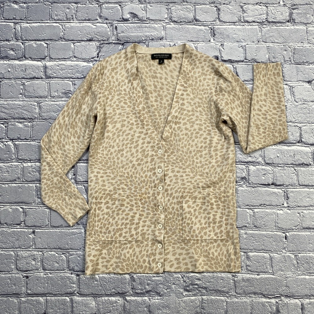 Banana Republic Beige Leopard Merino Wool Cardigan Size S Mob Wife Style