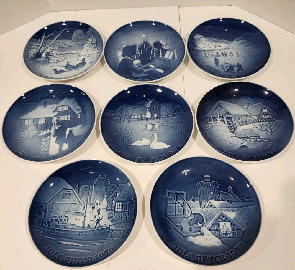 Lot of 8 Bing & Grondahl Jule Aften Annual Christmas Plates 1970 - 1977 Denmark