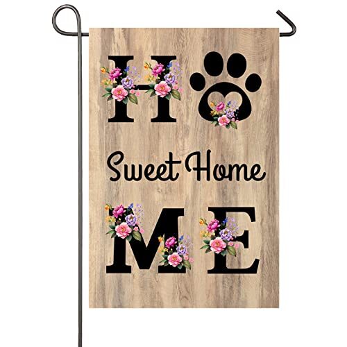 Home Sweet Home Garden Flag Floral Dog Paw Spring Summer Yard Flag 12×18 Inch