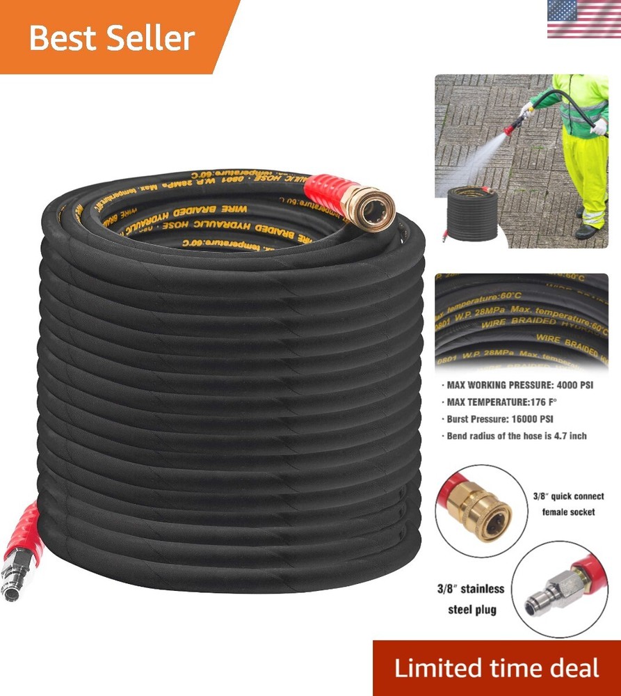 50Ft Heavy-Duty 4000 PSI Rubber Pressure Washer Hose with Quick Connect for Power Cleaning