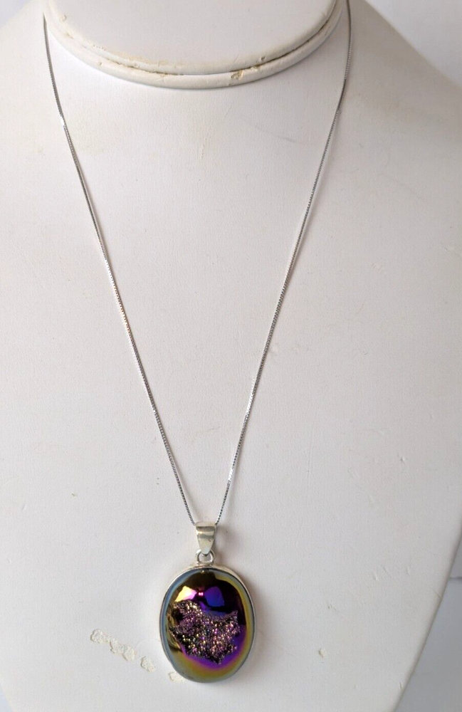 Sterling Silver Oval Purple Rainbow Titanium Agate Druzy Drusy Pendant Necklace