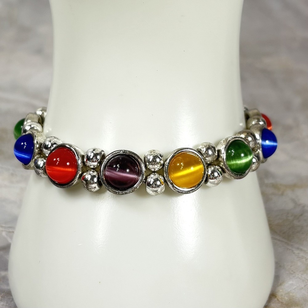 Colorful Cat's Eye Silver Tone Vintage Bracelet Magnetic Clasp READ DESCRIPTION