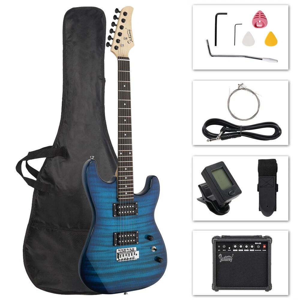 Glarry GST Dual Pickup with Tiger Pattern Blue ST Electric Guitar+Speaker Set