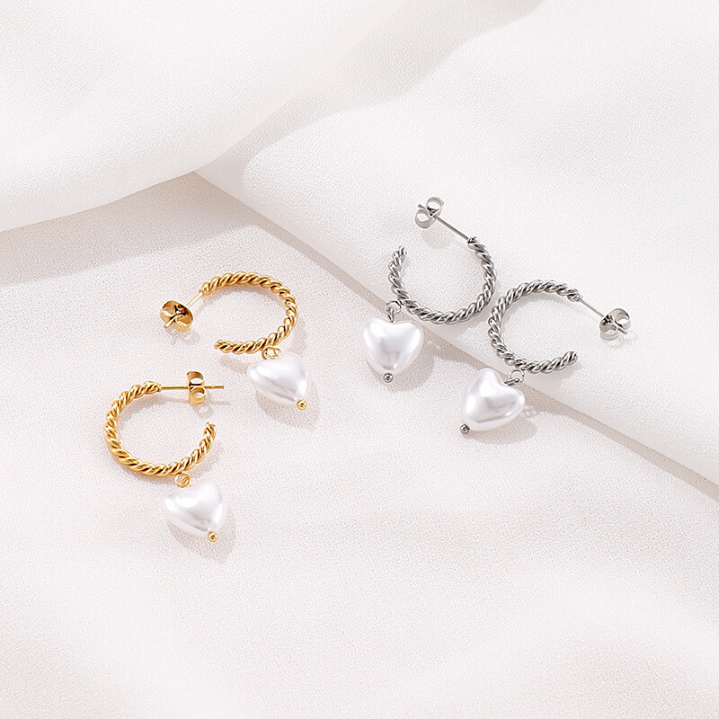 Titanium steel twist C ring earrings heart-shaped pearl earrings for women