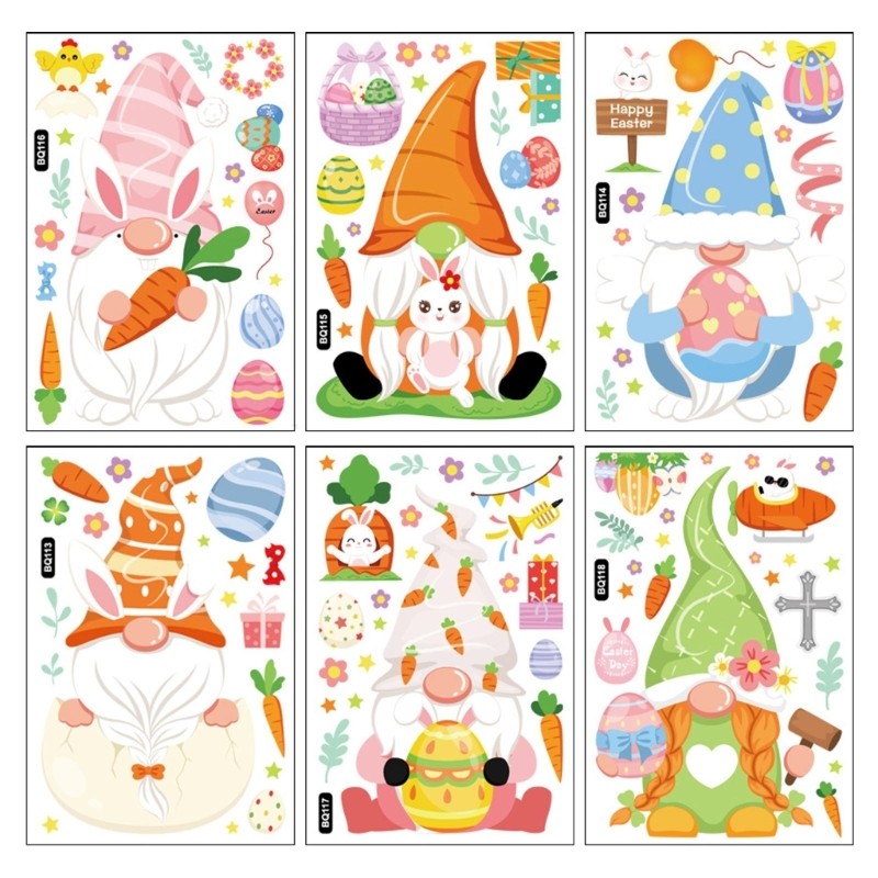 6pcs Happy Easter Window Stickers Bunny Gnome Wall Stickers Decals for Kids Gift