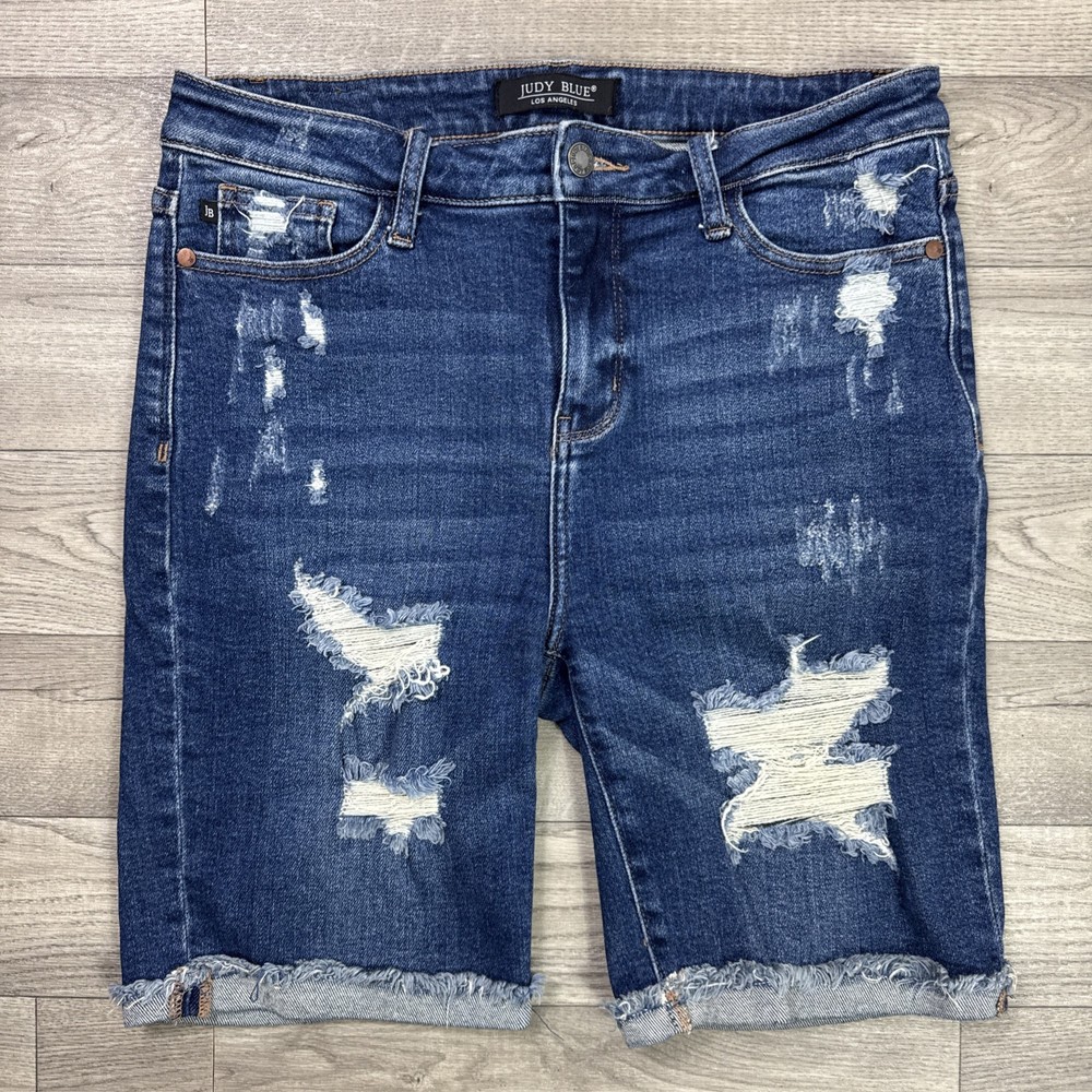 Women's Judy Blue Bermuda Denim Jean Shorts Distressed Dark Wash sz L