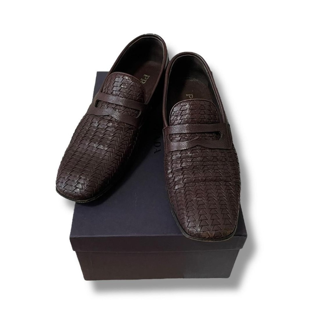Prada Mens Brown Braided Leather Loafers Size 7.5US Business Casual Shoes Preowned