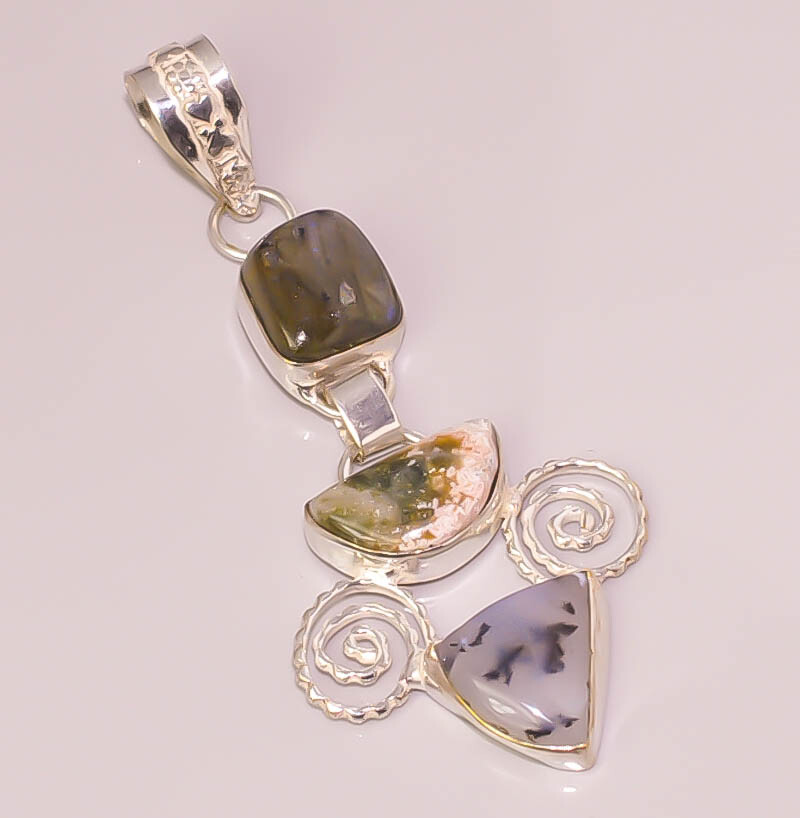 Blue Fire Labradorite Dendrite Opal Jasper 925 STERLING SILVER PLATED PENDANT