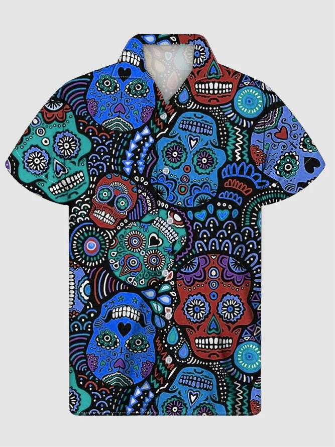 Mens Skull Printed Short Sleeve T-Shirt US Size Summer Casual Style