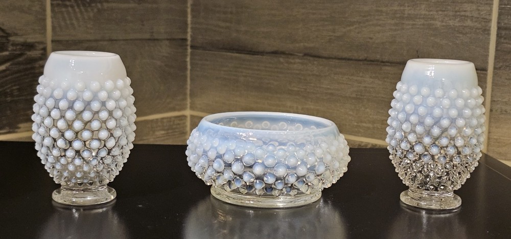 LOT: FENTON, 2 French Opalescent Hobnail Vases and 1 Dish. Tap pic to see all.