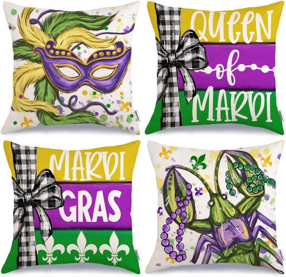Mardi Gras Throw Pillow Covers 18 X 18 Inch Set of 4, Striped Queen of Mardi Bea