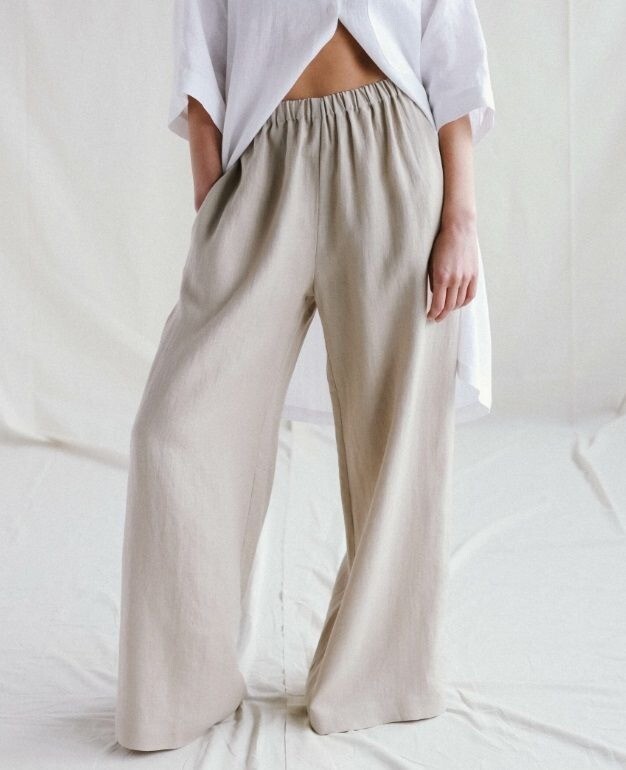 Man In the Studio Linen palazzo pants Beige coastal wide leg 90s coastal sz M
