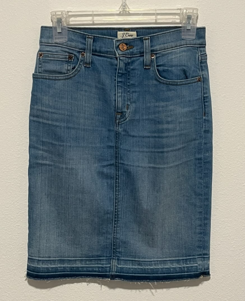 J Crew Distressed Frayed Hem Denim Pencil Skirt Size 24 Womens